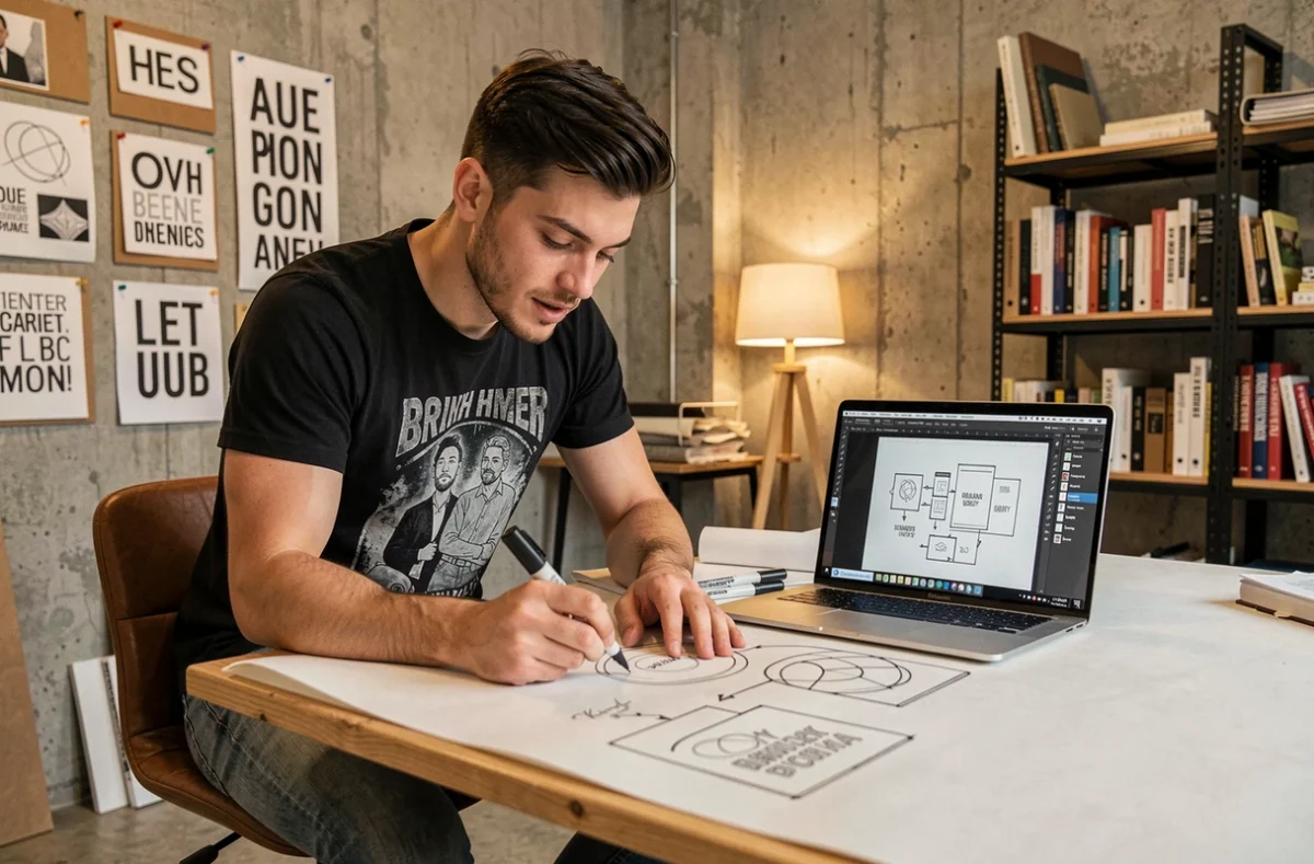 Directeur créatif du 56K Studio esquissant une identité de marque sur table lumineuse avec maquette digitale en parallèle