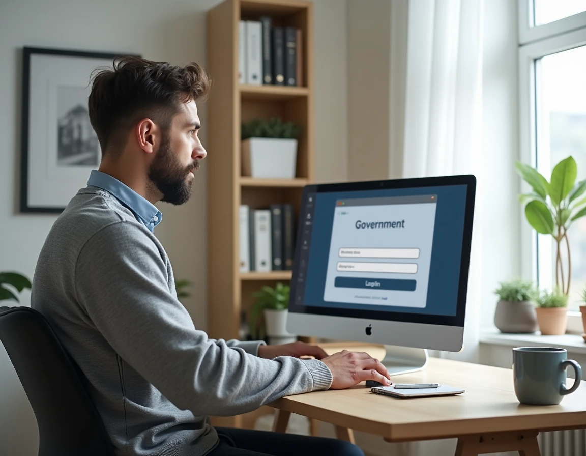 Homme en télétravail accédant à une interface de connexion institutionnelle depuis son bureau à domicile
