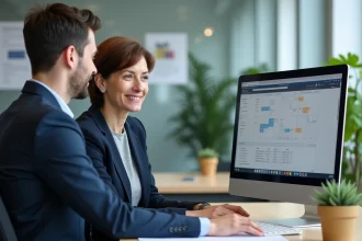 Responsable RH accompagnant un agent municipal dans l'utilisation d'un logiciel de gestion sur ordinateur de bureau en open space
