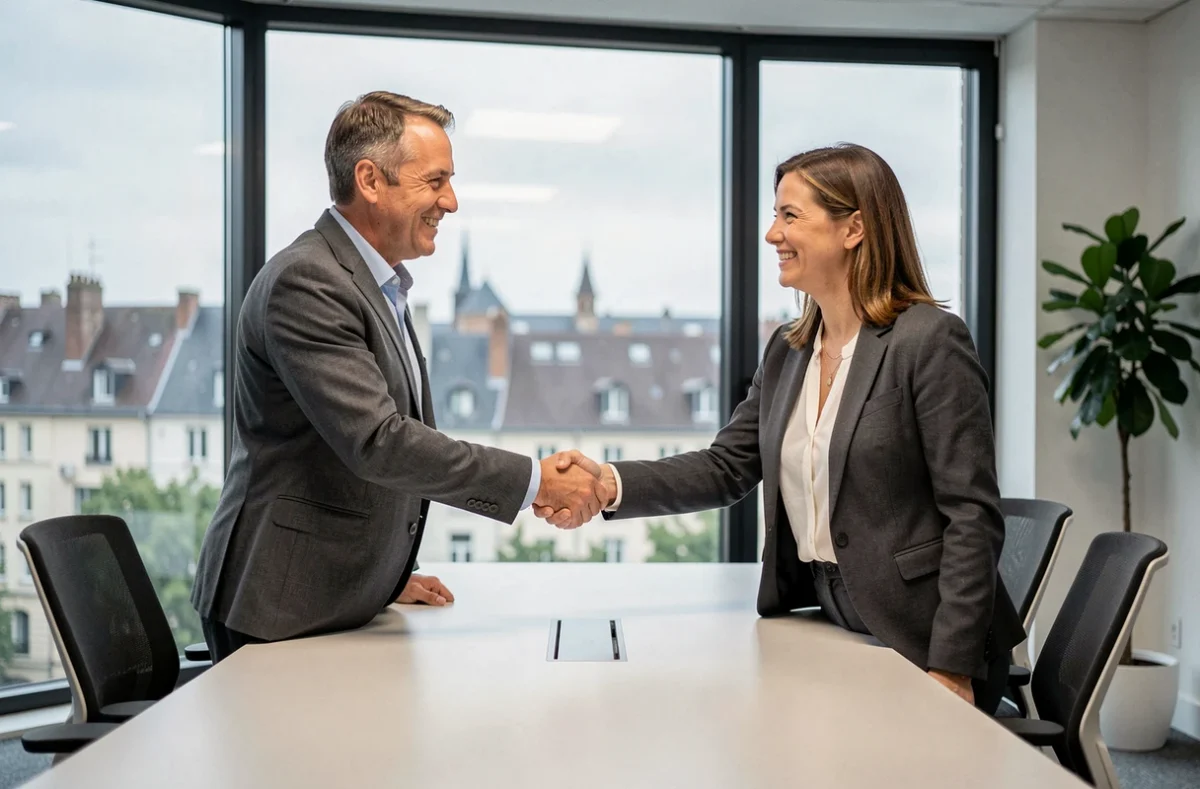 Signature d'un accord entre un freelance et une société de portage salarial dans une salle de réunion à Dijon