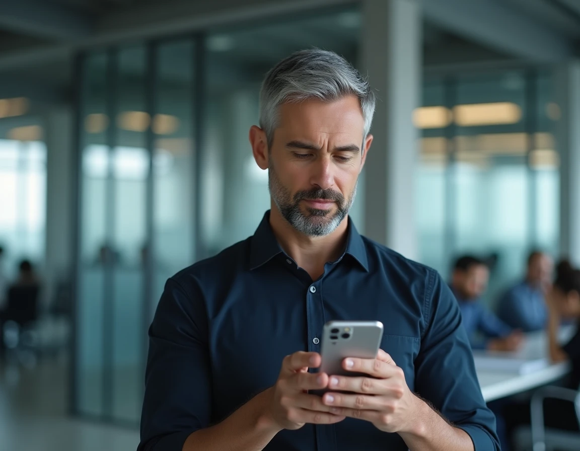 Homme activant son compte MyPeopleDoc sur smartphone dans un bureau professionnel