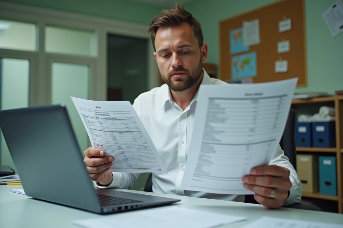Administrateur scolaire comparant le calendrier de prélèvements et les dates de paie 2026 dans un bureau de l'éducation nationale