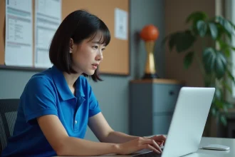 Administratrice de club de basket-ball naviguant sur l'extranet FBI V2 de la FFBB depuis un bureau administratif