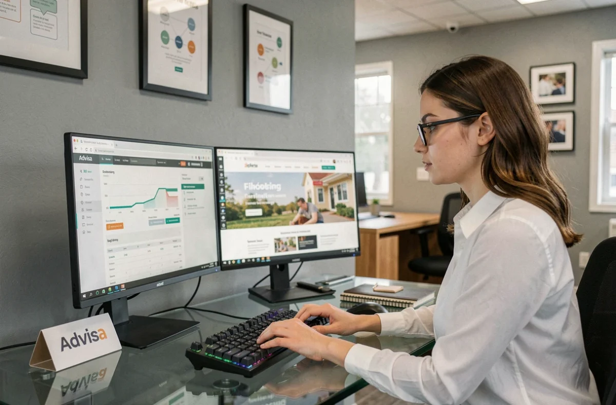 Consultante de l'agence Advisa travaillant sur l'analyse d'un site web client dans un bureau moderne