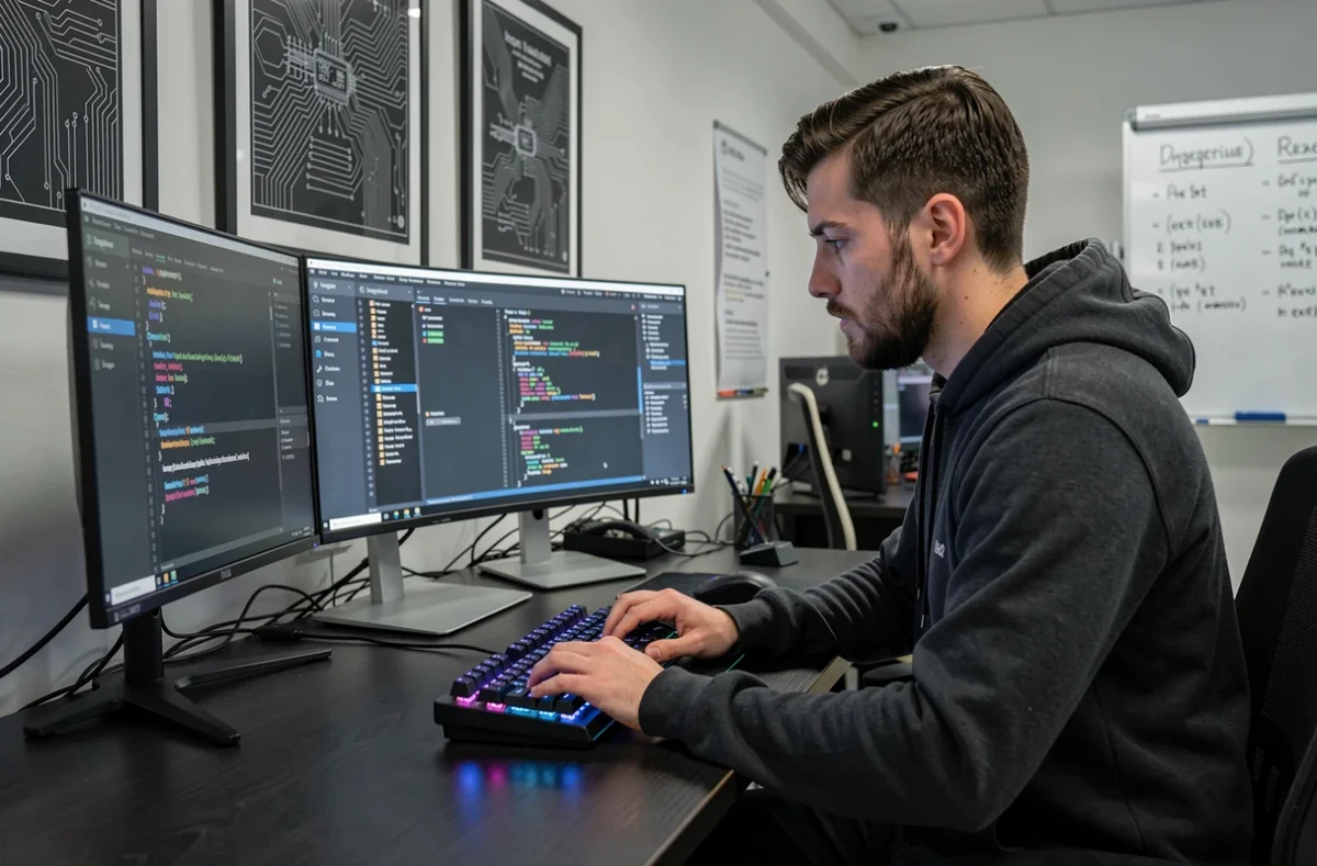 Ingénieur web de l'agence Ingenius développant une solution numérique sur un poste multi-écrans