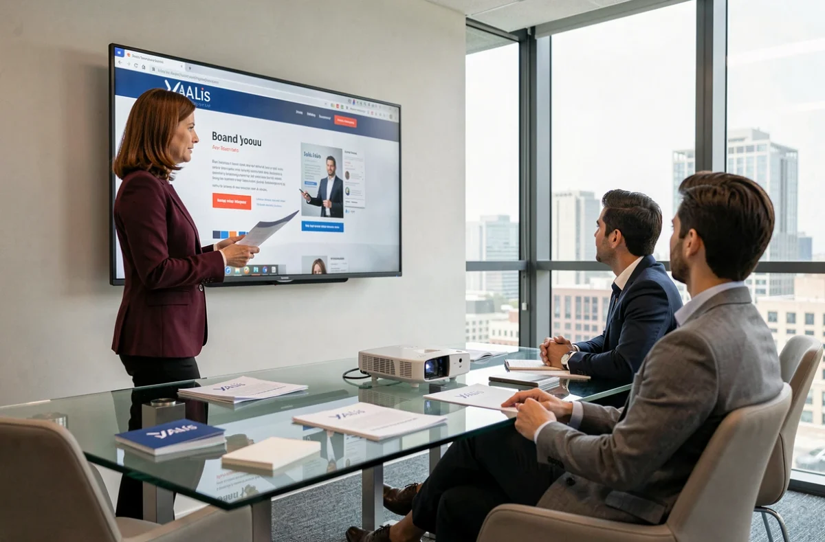 Présentation d'un site web terminé par une consultante Jalis à des clients dans une salle de réunion