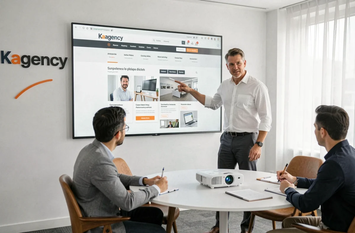 Chef de projet de l'agence Kagency présentant une maquette e-commerce à son équipe dans une salle moderne