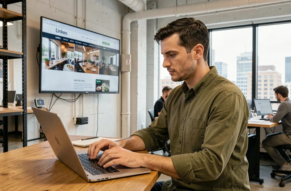 Développeur web Linkeo en train de créer un site pour un client depuis un espace de travail moderne