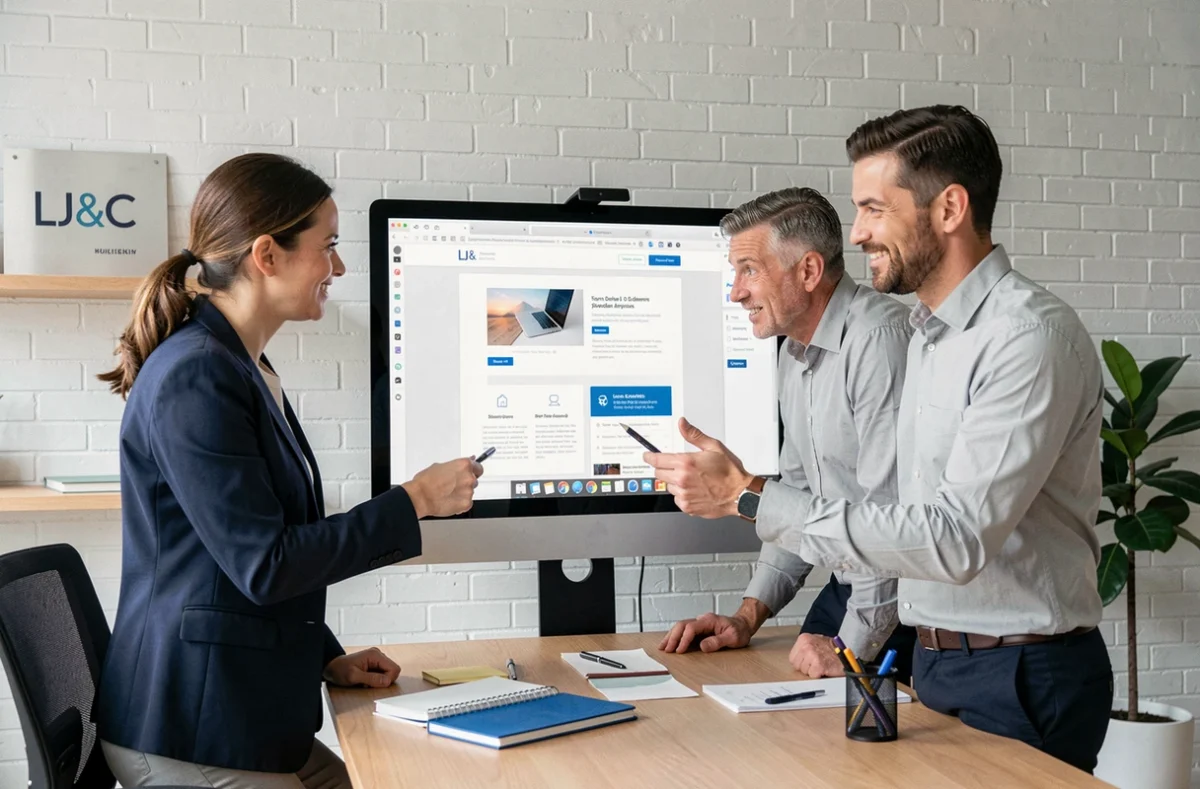Équipe de l'agence LJ&C en réunion autour d'un projet de site web dans un studio moderne