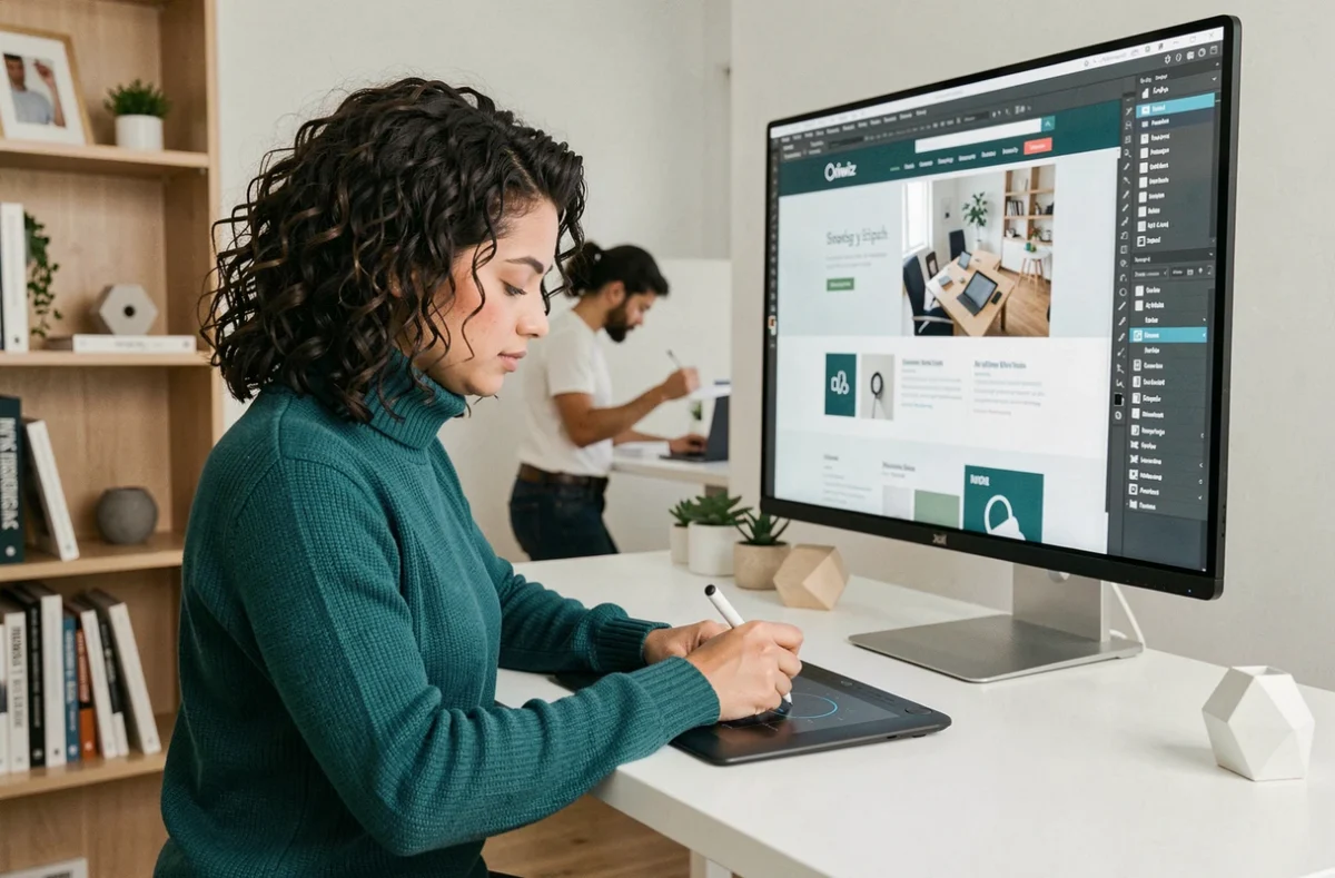 Designer de l'agence Oxiwiz retouchant une interface de site web avec une tablette graphique