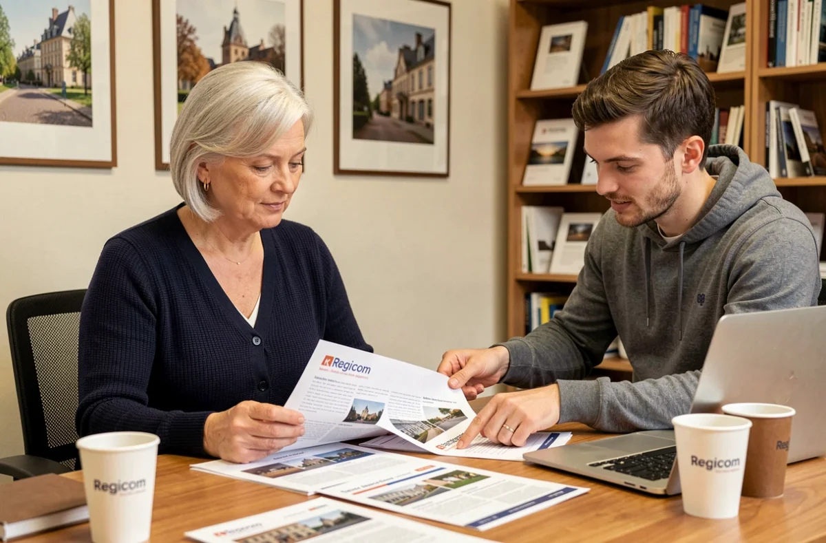 Directrice de l'agence Regicom et un collègue étudiant des propositions de sites web imprimées