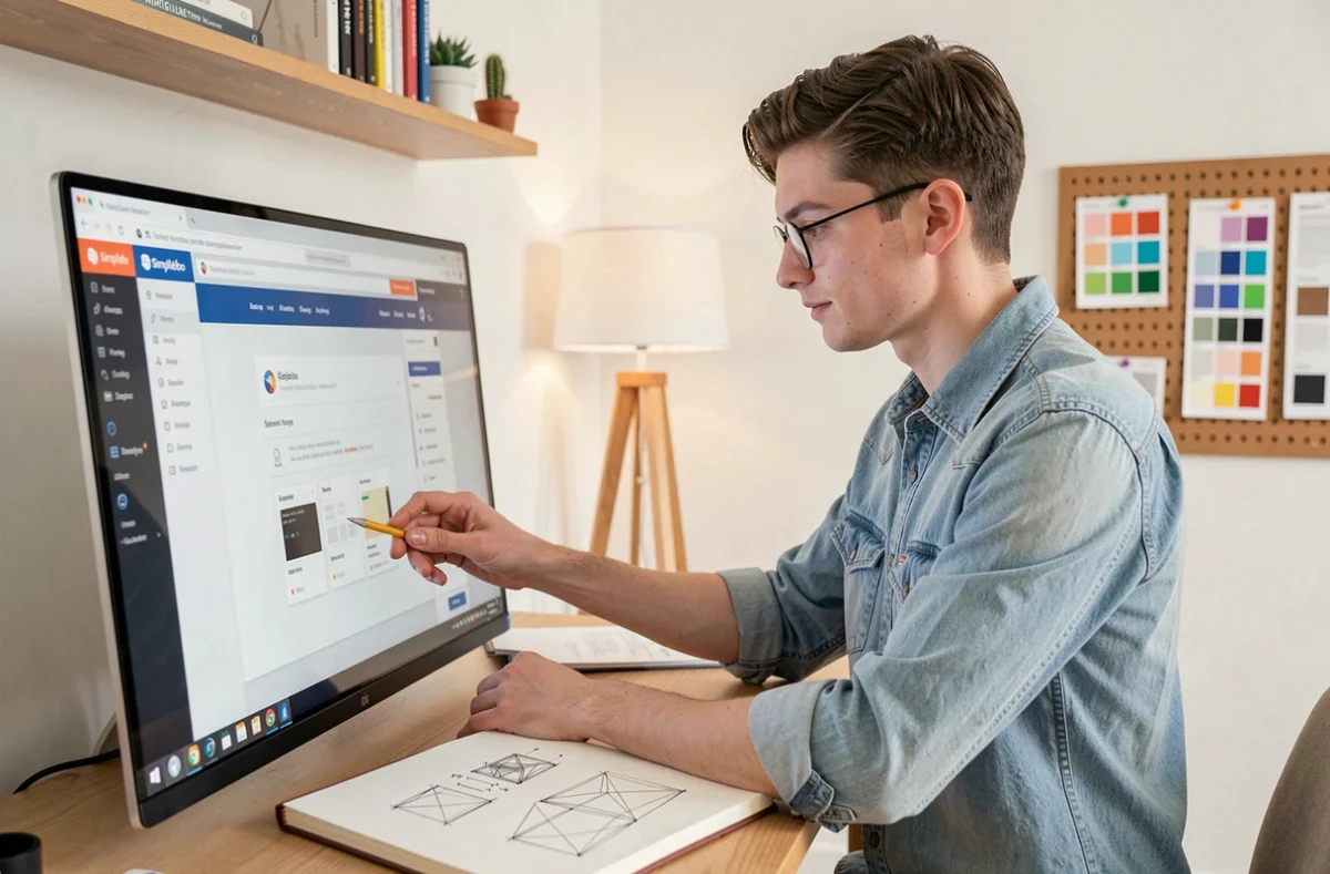 Designer de l'agence Simplébo travaillant sur une maquette de site web dans un studio créatif