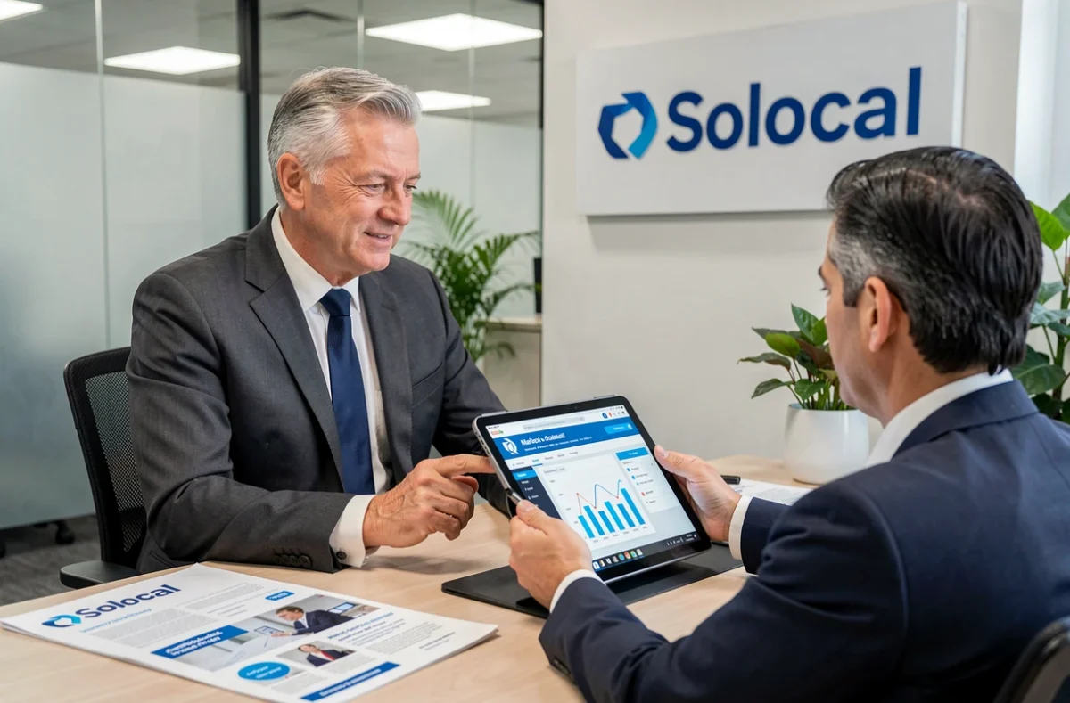 Conseiller Solocal présentant des solutions de marketing digital à un client dans un bureau professionnel