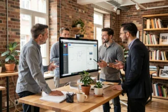 Équipe d'une agence web dans l'Oise travaillant ensemble autour d'un écran affichant des maquettes de sites internet