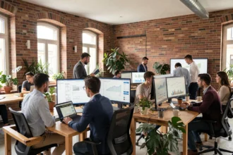 Agence web moderne dans le Val-de-Marne avec des professionnels collaborant sur des projets numériques