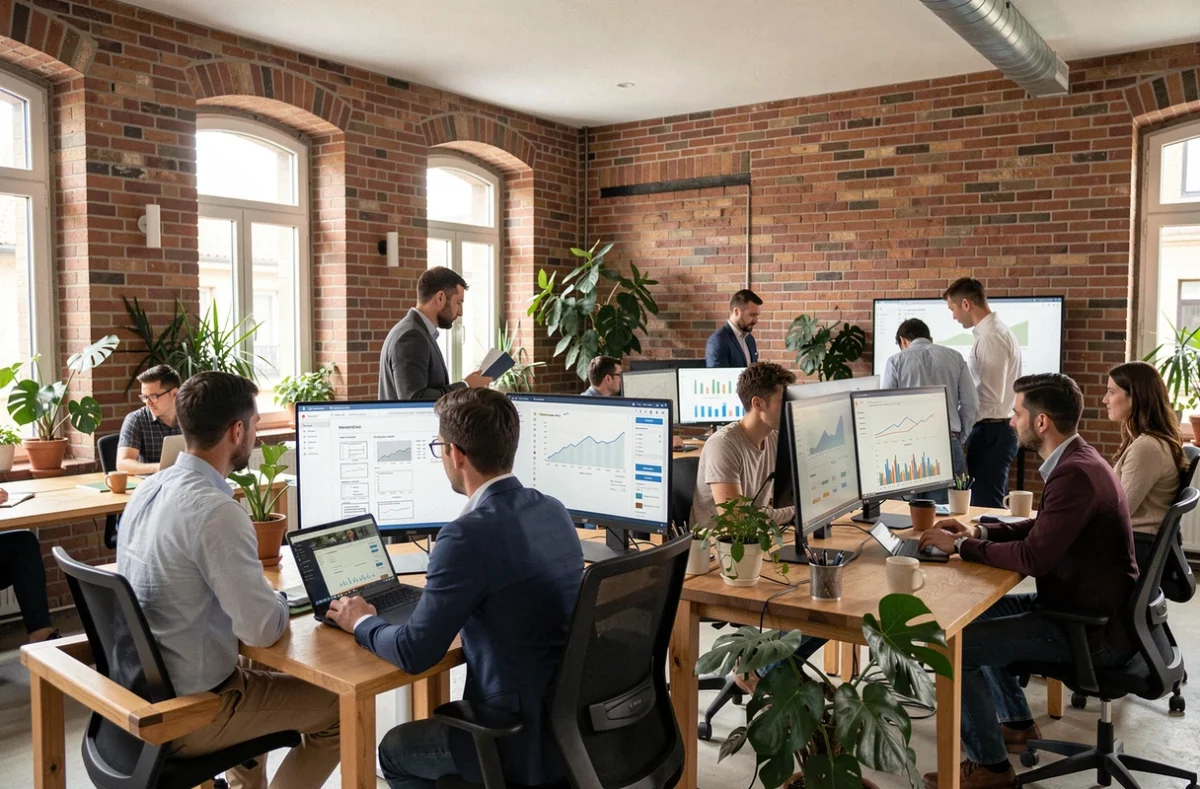 Agence web moderne dans le Val-de-Marne avec des professionnels collaborant sur des projets numériques