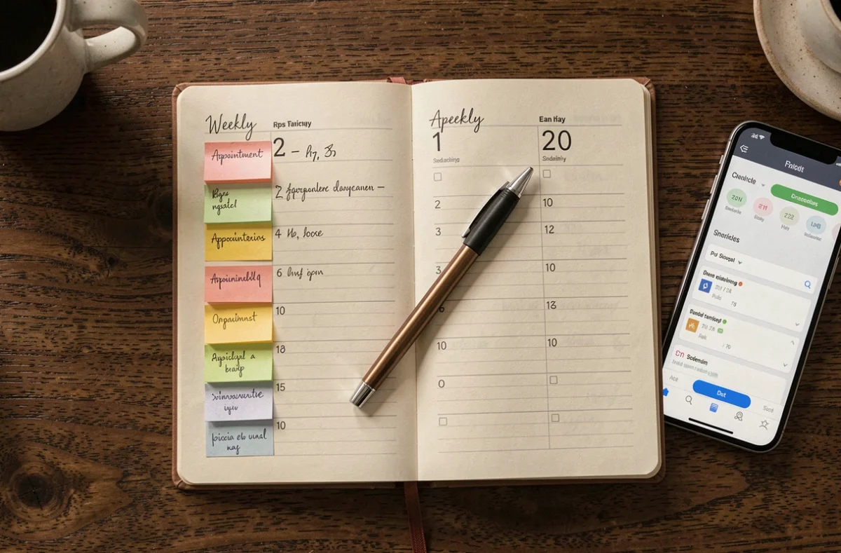 Vue de dessus d'un agenda papier avec créneaux de rendez-vous manuscrits et application de planification sur smartphone
