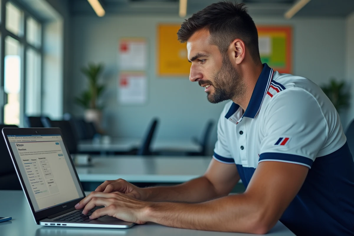 Agent au sol Air France comparant deux outils intranet sur un ordinateur portable en salle de pause