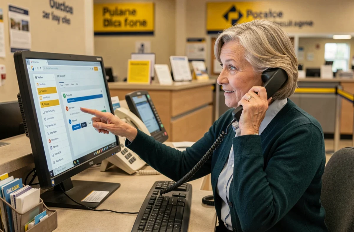 Employée de La Poste assistant un agent par téléphone pour débloquer l'accès à la Box RH