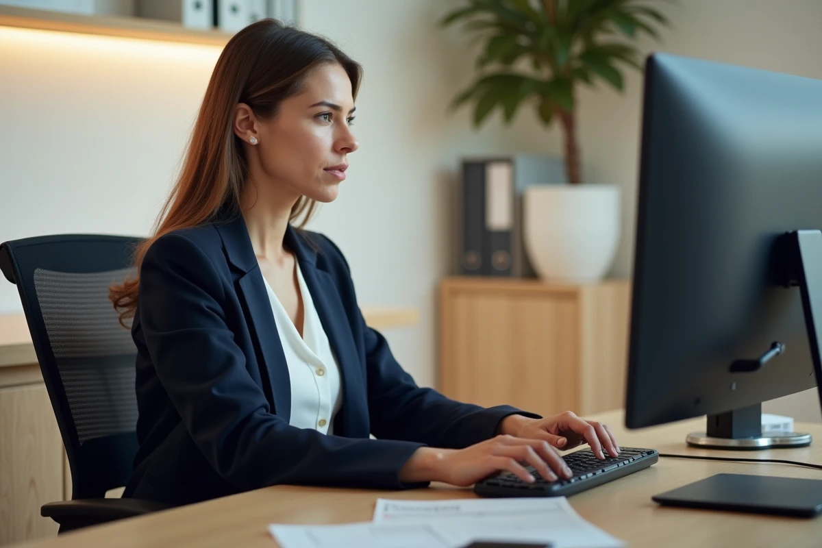 Agente municipale se connectant à son espace IntraParis sur un ordinateur de bureau dans un bureau administratif moderne