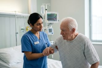 Aide-soignante aidant un patient âgé dans un hôpital