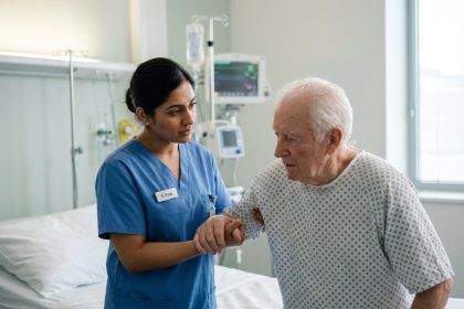 Aide-soignante aidant un patient âgé dans un hôpital