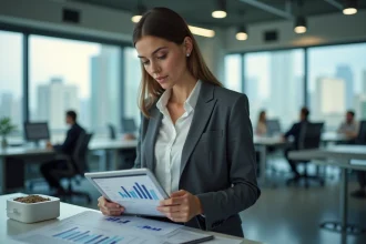 Professionnelle analysant des indicateurs marketing push et pull sur tablette et documents imprimés dans un open-space moderne