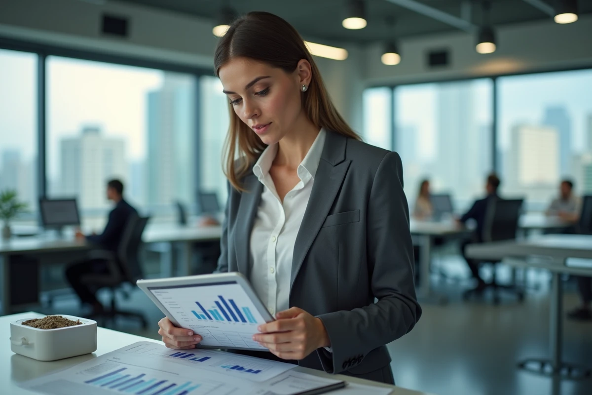 Professionnelle analysant des indicateurs marketing push et pull sur tablette et documents imprimés dans un open-space moderne
