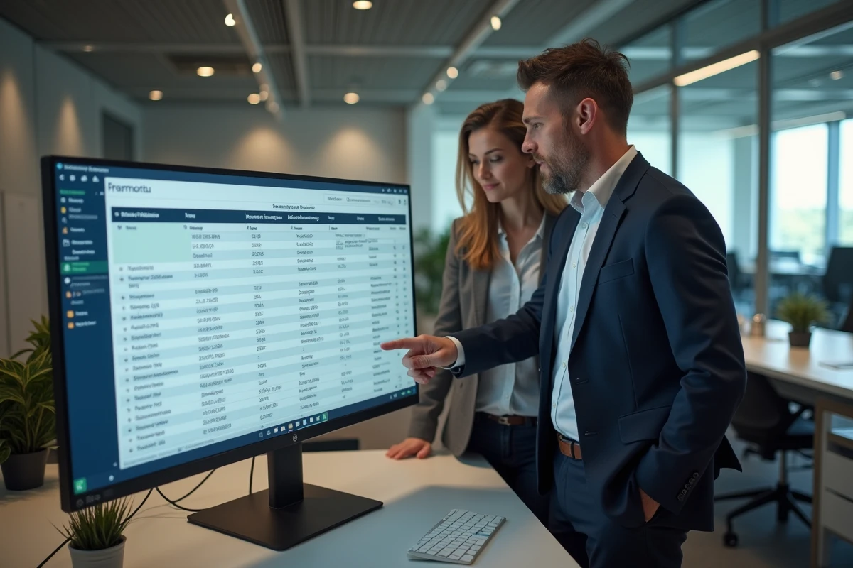 Deux collègues RH analysant ensemble les versements de prime d'intéressement sur un écran de bureau en entreprise