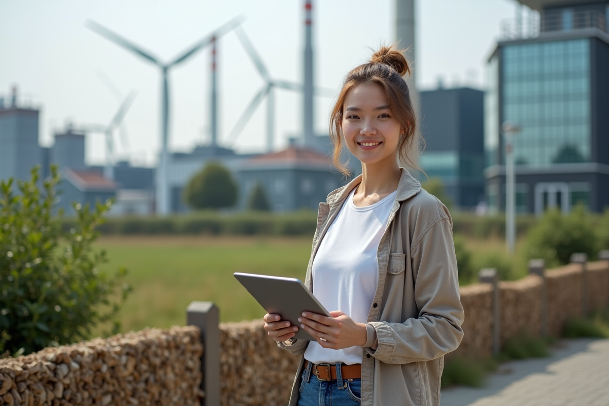 Analyste environnementale avec tablette devant infrastructure verte