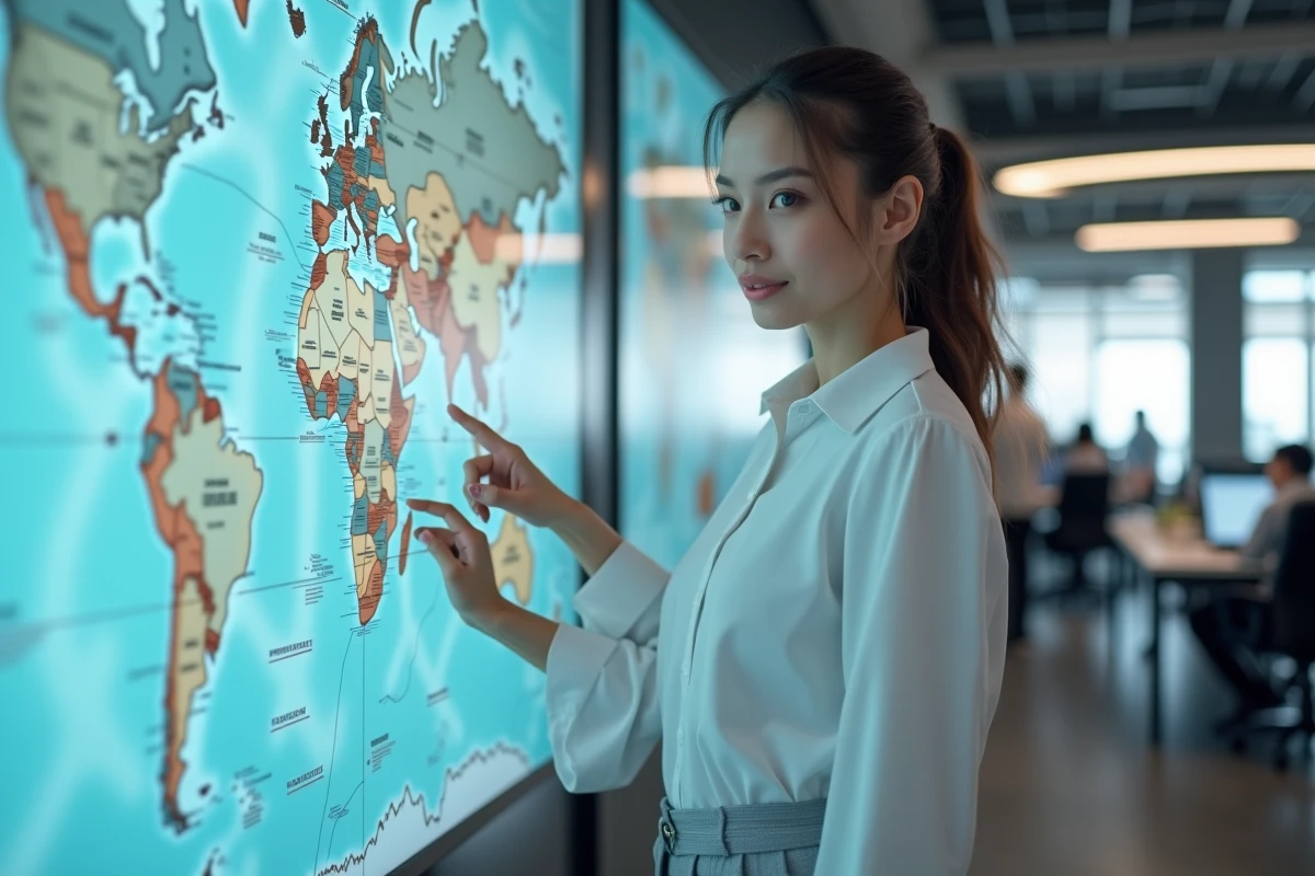 Jeune analyste pointant une carte du monde dans un bureau hightech