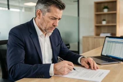 Un homme d'affaires en costume analysant un contrat d'apporteur d'affaires avec une expression préoccupée dans un bureau moderne