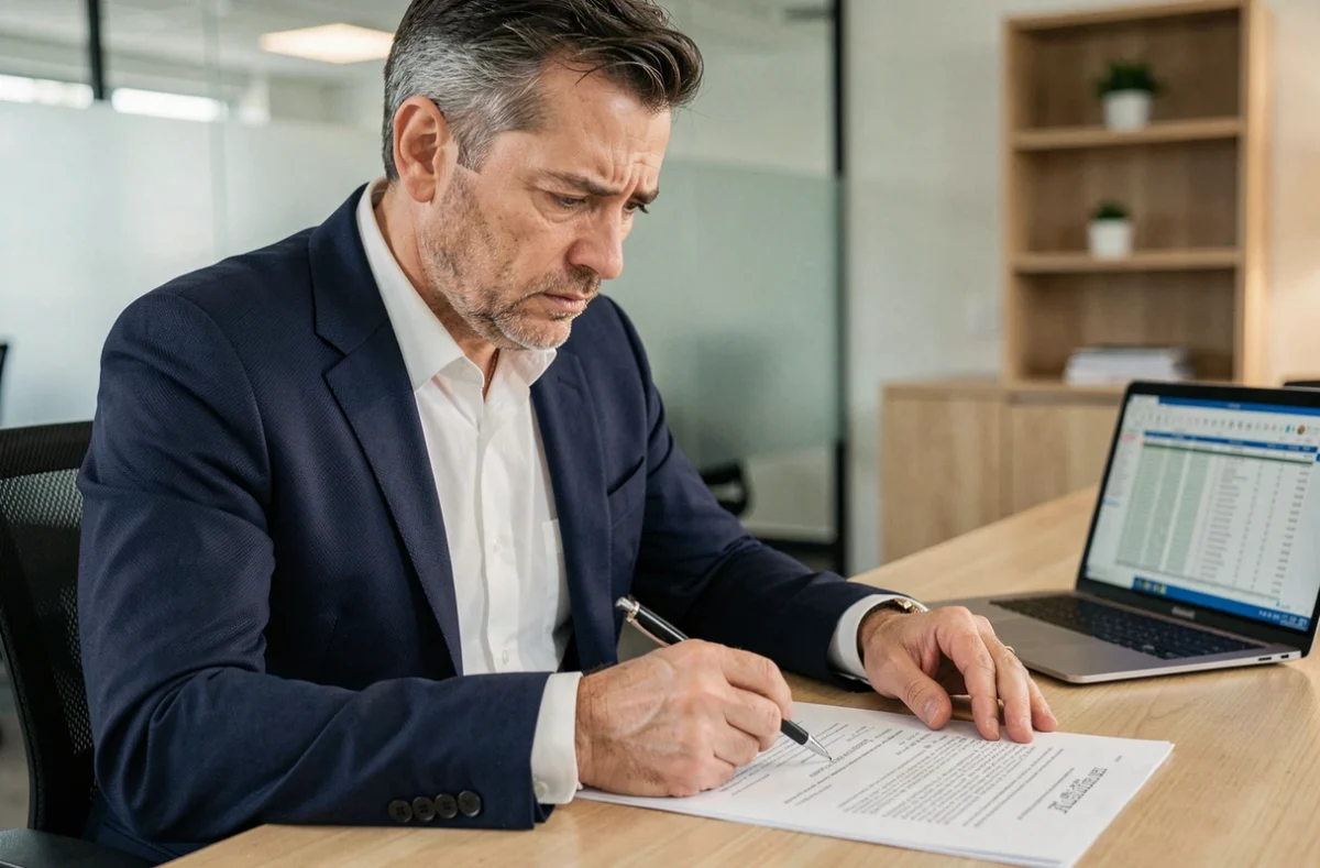 Un homme d'affaires en costume analysant un contrat d'apporteur d'affaires avec une expression préoccupée dans un bureau moderne