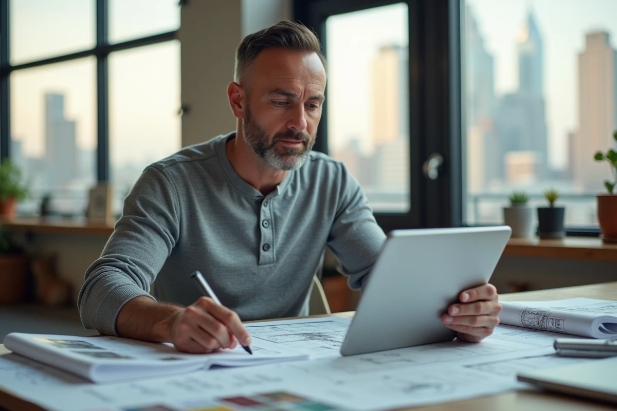 Architecte évaluant un annuaire papier et un outil numérique de recherche d'artisans pour établir des devis de travaux