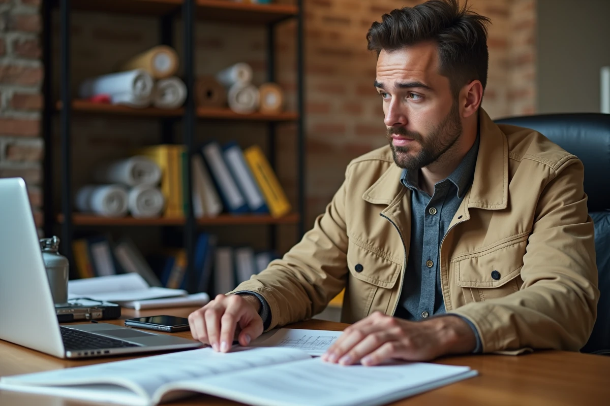 Artisan comparant un annuaire imprimé et un outil de devis en ligne comme Batiav sur son bureau de chantier