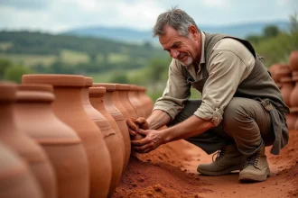 Homme moyenâgeux façonnant des pots en terre cuite en extérieur