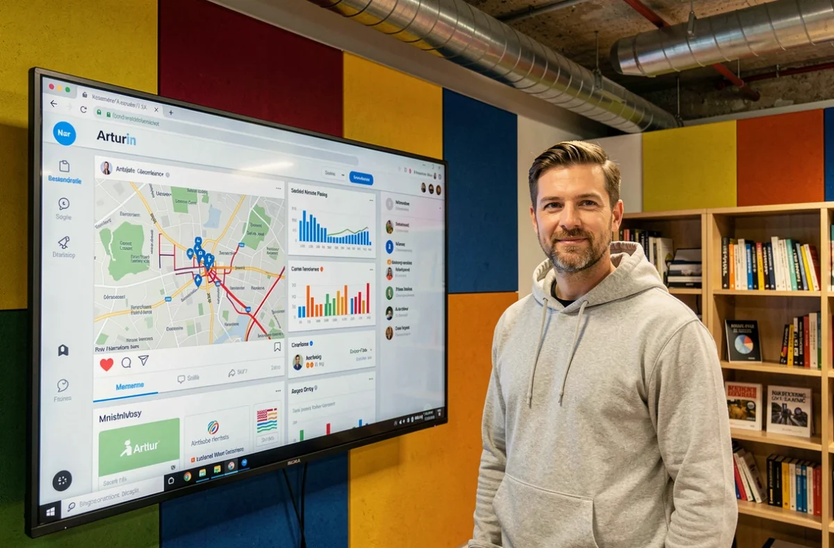 Spécialiste marketing d'Artur'In présentant des tableaux de bord de visibilité locale pour les PME
