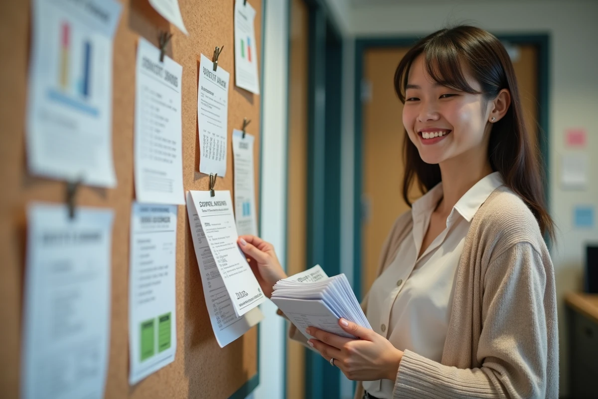 Assistante scolaire souriante tenant des fiches de paie dans le personnel