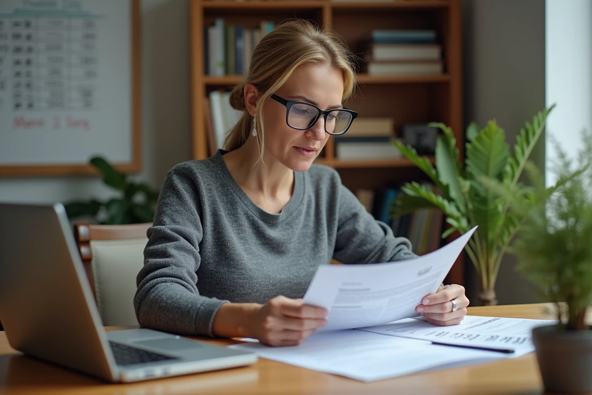 Femme indépendante consultant des documents de création de société pour une activité de livraison Amazon à domicile