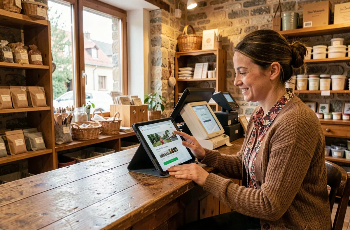 Consultante numérique de proximité Aventurière du Web présentant un site e-commerce à une artisane locale dans l'Oise