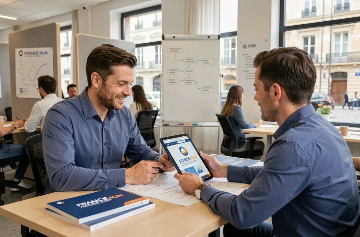 Conseiller numérique présentant le programme France Num à un entrepreneur local dans l'Oise pour Axione Web