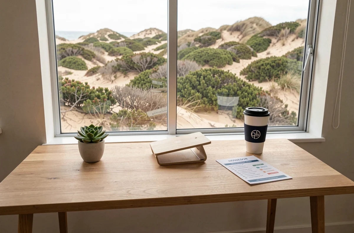 Bureau de coworking vide avec vue sur les dunes atlantiques près d'Hossegor et fiche tarifaire posée sur la table