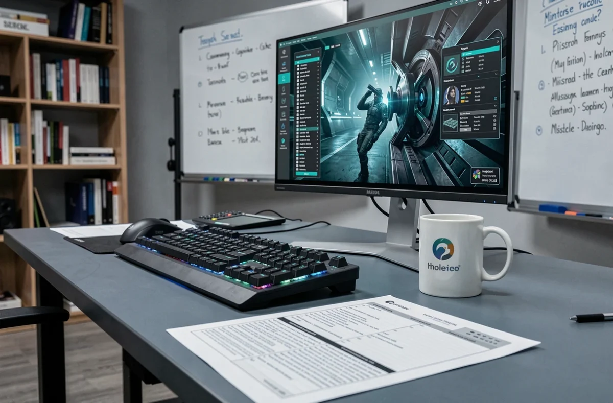 Bureau de travail d'un studio de jeux vidéo avec documents de chronologie et interface de jeu sci-fi, en référence à l'histoire de 343 Industries