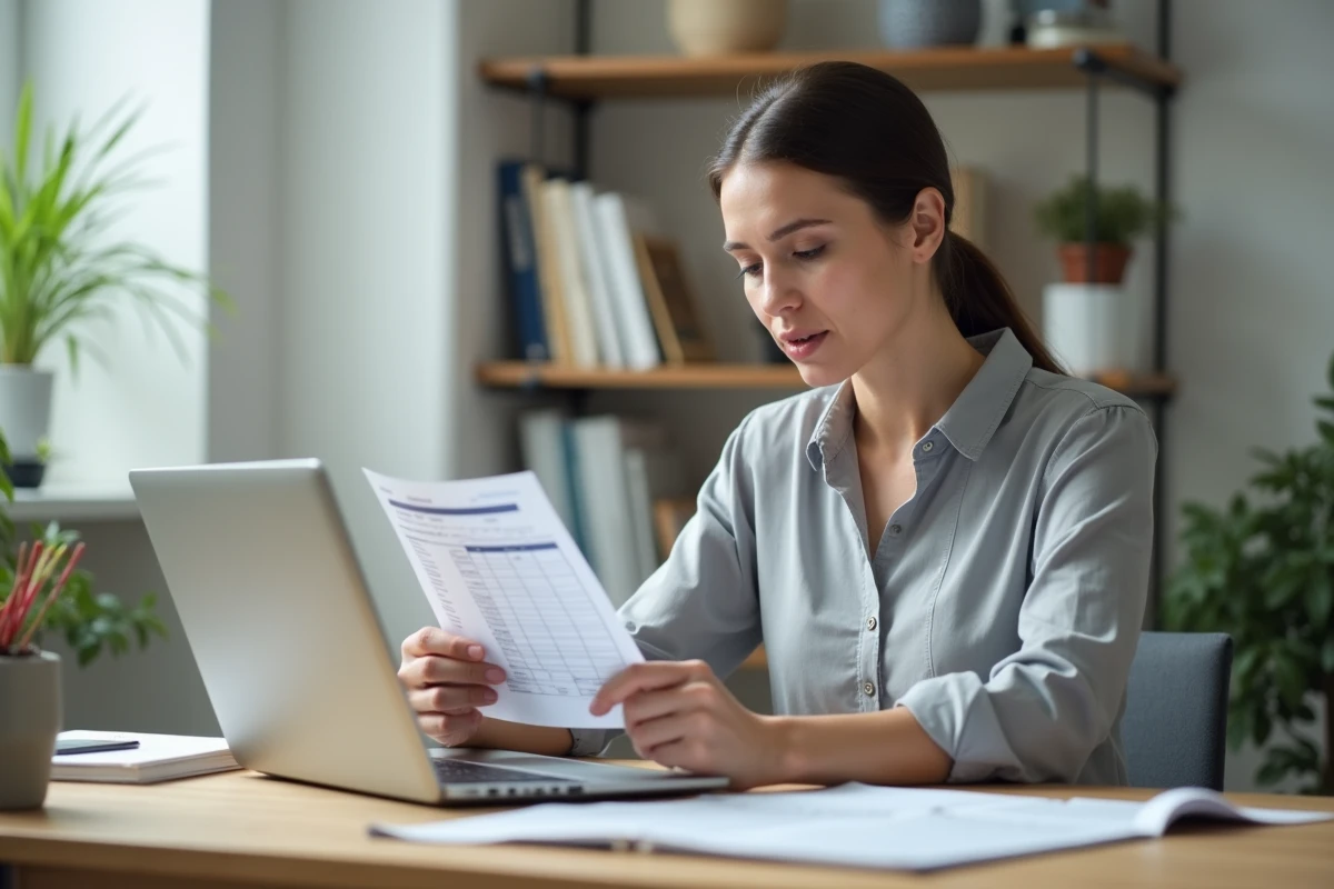 Femme calculant ses heures de travail sur un ordinateur portable avec une feuille de temps imprimée sur un bureau en bois