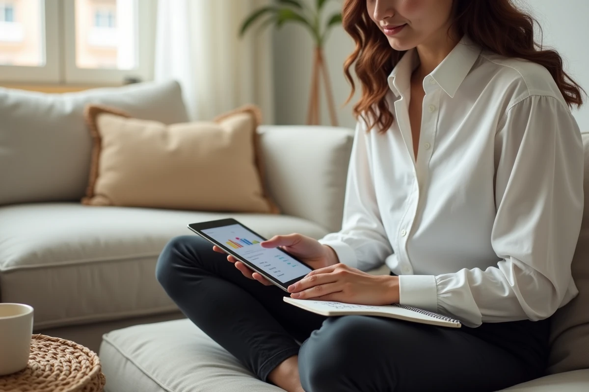 Jeune femme calculant ses heures de travail sur une tablette avec un bloc-notes dans un salon confortable