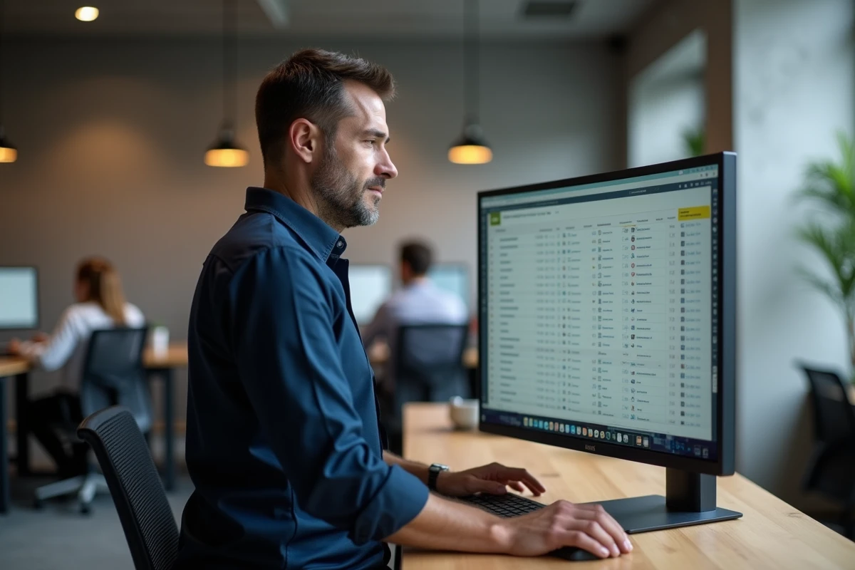Homme consultant un calculateur d'heures de travail en ligne sur un grand écran dans un bureau open space moderne