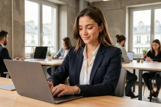 Jeune femme en blazer marine rédigeant un email de candidature sur un ordinateur portable dans un bureau moderne parisien