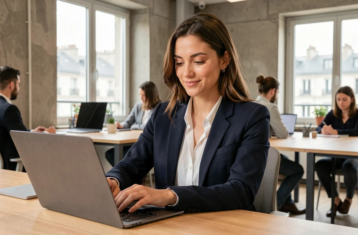 Jeune femme en blazer marine rédigeant un email de candidature sur un ordinateur portable dans un bureau moderne parisien