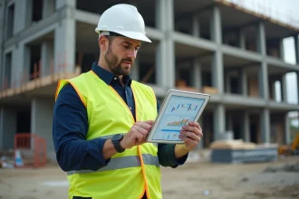 Chef de chantier BTP consultant un tableau de bord de gestion de projet sur tablette numérique pour respecter délais et budget