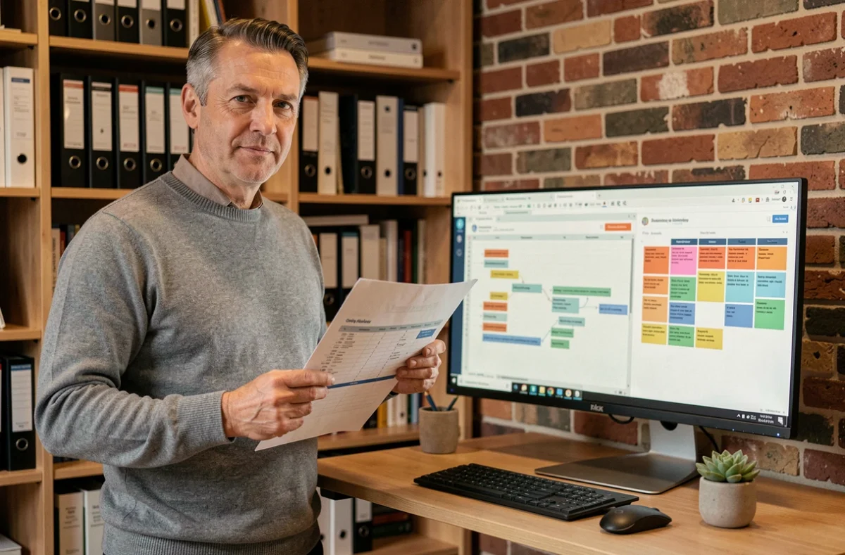 Chef de projet en télétravail évaluant les différences entre Excel et un logiciel de gestion de projets sur son écran